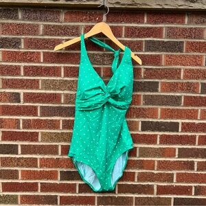 L.L. Bean Green and White Dotted Padded Racer Back One Piece Swimsuit